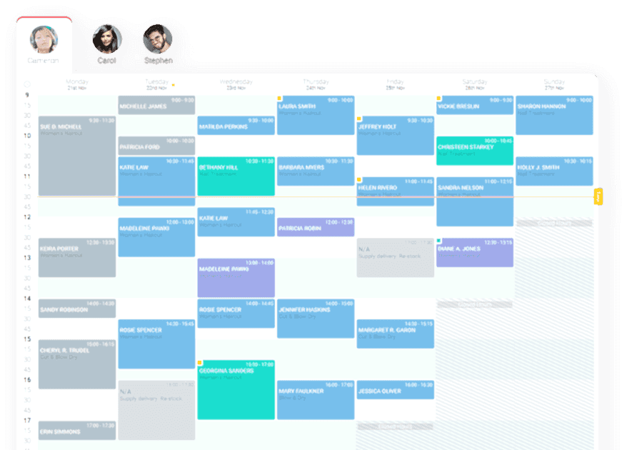 Planfy business calendar showing bookings and appointments for a current week.