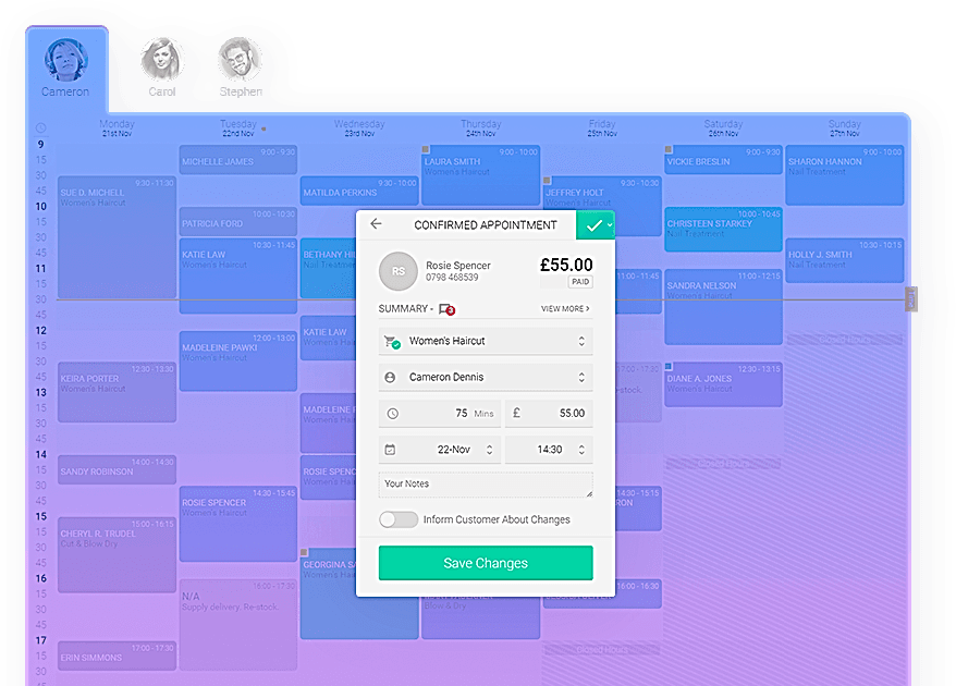 Planfy dashboard displaying how booking details are changed.