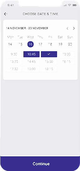Planfy date and time picker showing user the available slots for the appointment.