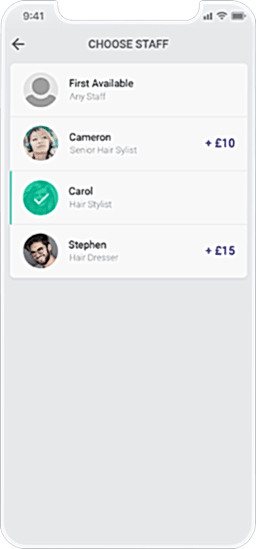 Planfy booking widget showing how user selects staff they want to book.