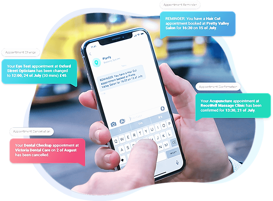 A mobile phone with new SMS from Planfy system informing client about upcoming appointments and any changes to their booking.
